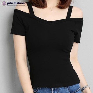 Juliefashion phiên bản hàn quốc đen l off dây đeo vai áo thun nữ cổ lệch vai thời trang hàng đầu e3k6