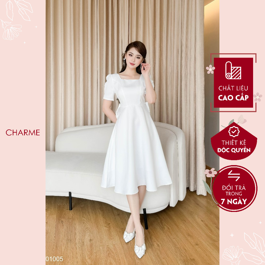 Váy trắng dáng xòe nơ đính lưng Charme 201005