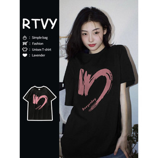 「RTVY」Áo thun đen tay ngắn nữ mùa hè mới dáng rộng cổ tròn nửa tay