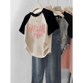 Áo thun ngắn tay dáng rộng thời trang 100% cotton màu sắc tương phản Áo xếp ly in điện tâm đồ tình yêu Hàn Quốc dành cho nữ