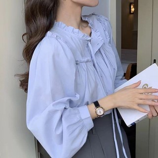 Áo sơ mi nơ pháp nữ đầu thu sang trọng bên trong áo sơ mi phối màu xanh cao cấp lớp top