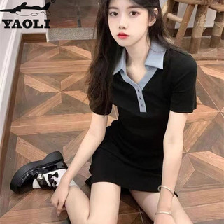 Váy thời trang nữ YAOLI, váy đen nhỏ màu tương phản, váy cổ polo kiểu Pháp, váy xẻ chữ A mới