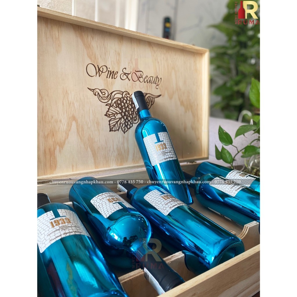 Set quà tặng hộp gỗ 6 chai rượu vang Ý 1933 xanh blue