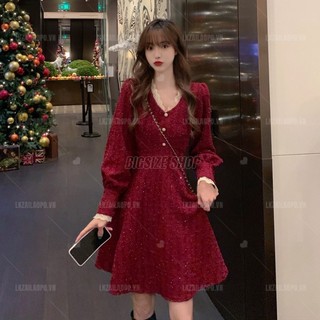 BIGSIZE nữ 45-100kg Váy Đầm dự tiệc thiết kế Chữ A Dày Dặn Màu Đỏ Phong Cách Giáng Sinh Cho Nữ