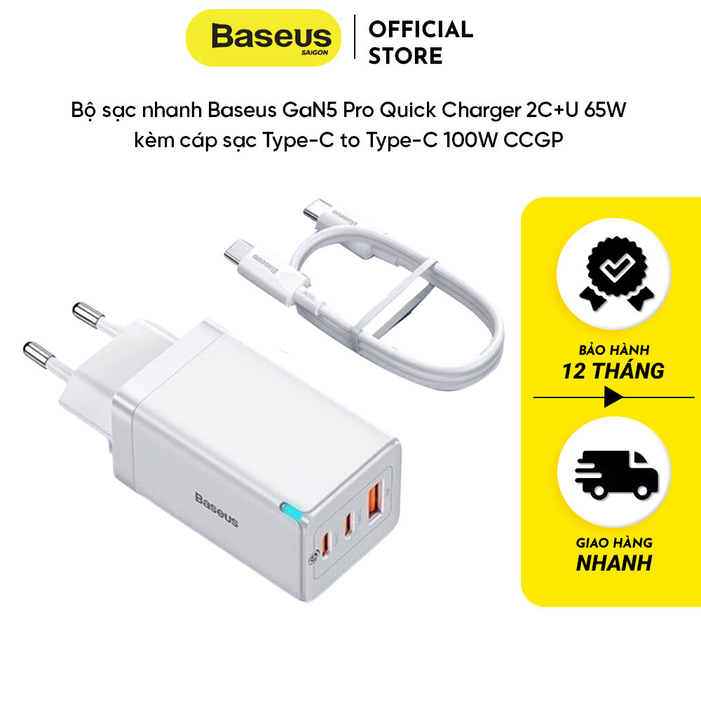 Bộ sạc nhanh Baseus GaN5 Pro Quick Charger 2C+U 65W kèm cáp sạc Type-C to Type-C 100W CCGP