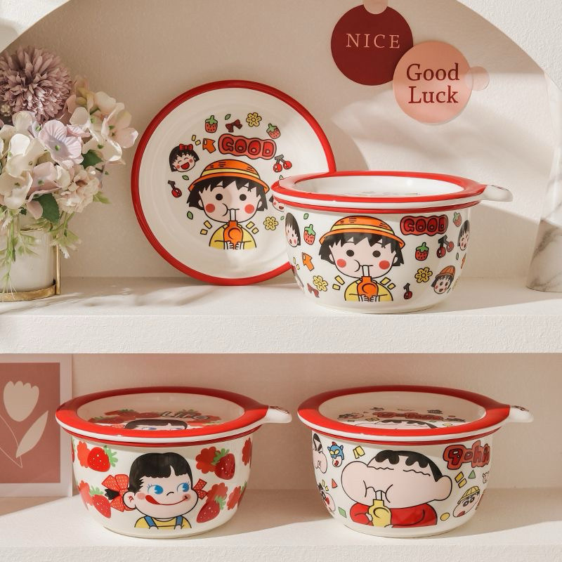 2024 mẫu mới Tô sứ ăn mì kèm nắp đĩa 2in1 hình Shin Chan cậu bé bút chì, Maruko đáng yêuMiễn phí vận