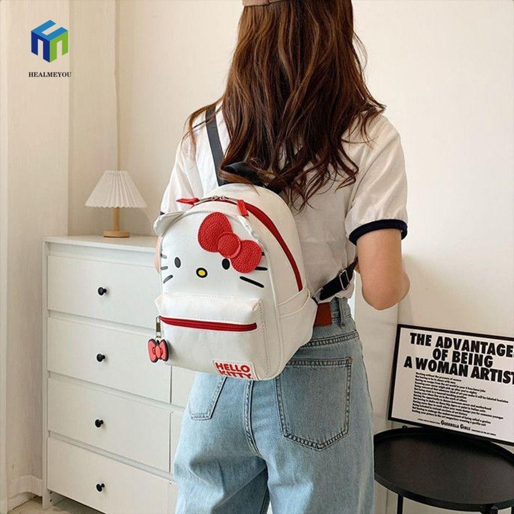 HEALMEYOU Ba Lô Đi Học Cỡ Lớn In Họa Tiết Hoạt Hình Kitty Đính Nơ Xinh Xắn