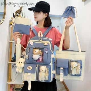 Set 5 món balo + túi đeo chéo + ví vải canvas cho nữ