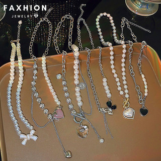 Faxhion Vòng Cổ Ngọc Trai Thanh Lịch Cho Nữ Pha Lê Bướm Trái Tim Mặt Dây Chuyền Vòng Cổ Phụ Kiện Trang Sức