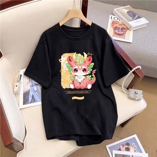 Áo Thun Cotton Dáng Rộng Tay Ngắn Cổ Tròn In Hình Rồng