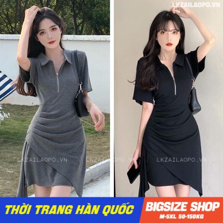 Đầm thun suông dáng ôm Bigsize Váy nữ tay ngắn cổ bẻ xếp ly mùa hè Phong cách Hàn Quốc Thời Trang tiểu thư cá tính xinh đẹp cho người mập béo