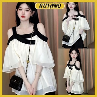 Set đồ nữ áo trễ vai babydoll voan tơ phối quần short tacta phong cách hàn quốc B785 SUTANO