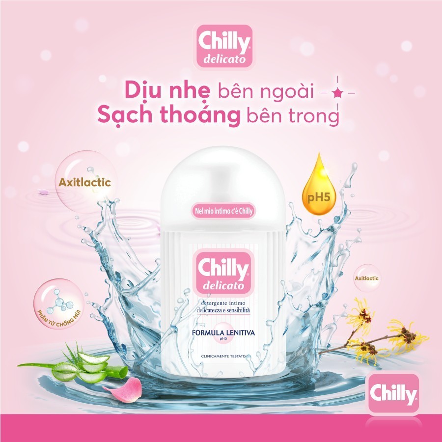 Combo Chilly Delicato Dung dịch vệ sinh phụ nữ 200ml + Khăn lau phụ khoa gói 12 tờ dưỡng mềm mại sạch dịu êm