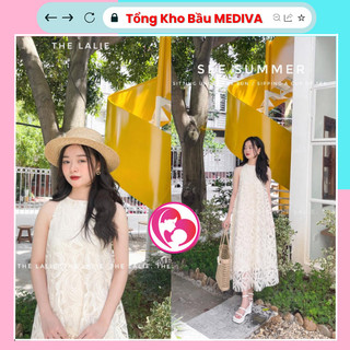 Đầm Bầu Maxi cổ yếm ren dáng suông chất vải ren 2 lớp đi dự tiệc công sở đẹp thời trang