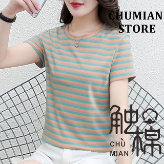 Áo thun nữ sọc ngắn tay phong cách phương Tây giảm tuổi cổ tròn dáng rộng