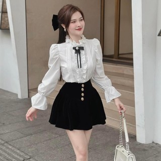 Áo Sơ Mi Trắng Cổ Bèo Tay Bồng đính Nơ đen Tiểu Thư Chất Thô Mềm, Sơ Mi Dài Tay Bo Chun Dễ Thương đi Học  ULZZANG EYE