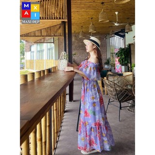 Đầm Maxi Trễ Vai Cao Cấp Freesize Màu Tím Pastel Nàng Thơ ( hàng thiết kế MAXI ĐẸP)
