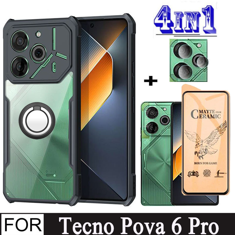Ốp điện thoại chống sốc 4in1 Tecno Pova 6 Pro 5G cho Tecno Pova 6 Neo 3 2 4 Pro Spark 10C 10 Pro Kính cường lực bằng gốm bảo vệ màn hình và giá đỡ điện thoại di động