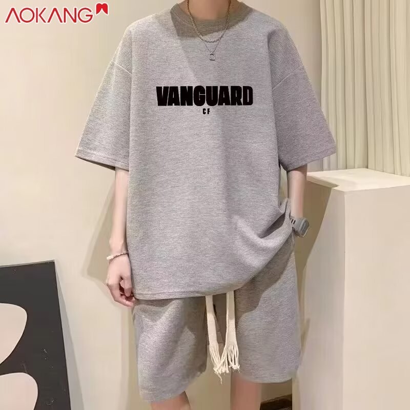 Aokong Bánh quế phong cách Hàn Quốc Phong cách Hồng Kông 2024 Bộ đồ ngắn tay dành cho nam thể thao áo thun dáng rộng + quần short dành cho nam