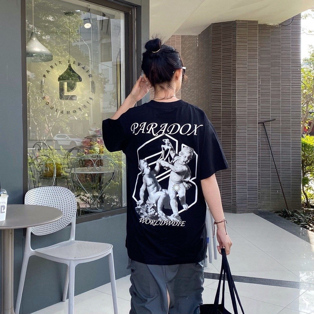 Áo thun form rộng Paradox tay lỡ - Unisex - In hình - SLEEPY ANGEL - Trắng, Đen