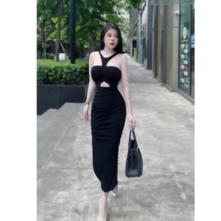 Đầm body nữ cổ yếm nhún trước mix khoét bụng(sẵn mút)
