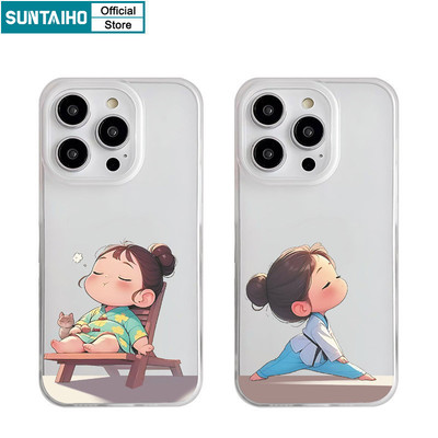 Suntaiho Thẩm Mỹ Cô Gái Dễ Thương Họa Tiết Cặp Đôi Trong Suốt Mờ Dành Cho Vỏ Iphone 11 12 13 14 15 16 Pro Max IP 7 8 Plus Iphon X Xs XR Xs Max TPU Mềm Cao Cấp Chống Sốc Ốp điện thoại