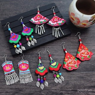 Khuyên tai vải thêu thủ công phong cách dân tộc vintage cho phụ nữ, tua hoa dài, đa năng, thanh lịch, hiệu suất cao, khuyên tai thả