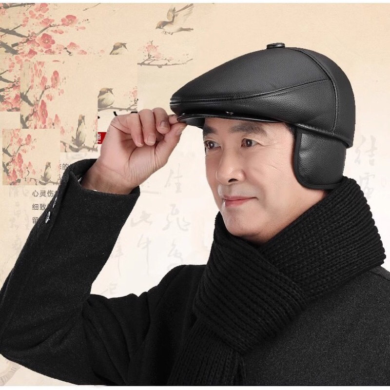 Mũ nồi da nam trung niên, mũ da lót lông có phần che tai ấm áp giành tặng bố