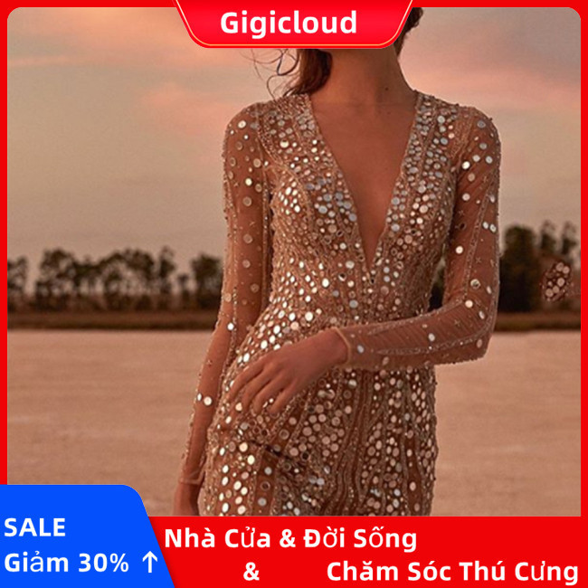 Đầm Ngắn Ôm Dáng Tay Dài Cổ Chữ V Khoét Sâu Đính Kim Sa Lấp Lánh