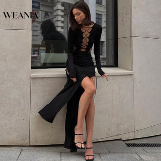 Weania Nữ Gợi Cảm Rỗng Ren Lên Slim-Fit Chia Đầm Dài Tay