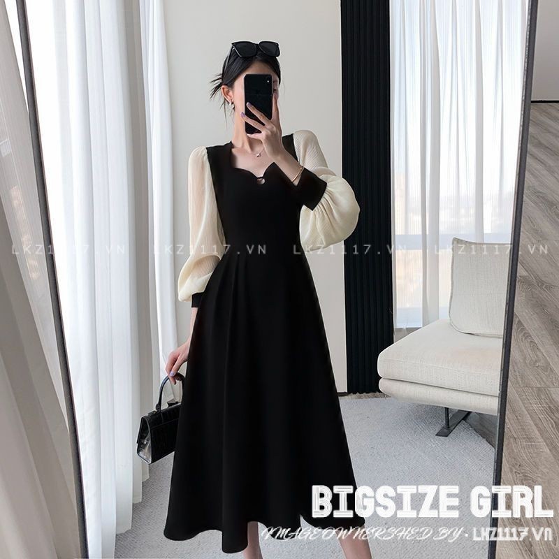 Váy đầm nữ Bigsize Đầm dự tiệc sang trọng dài qua gối tay dài cổ vuông che bụng mỡ ôm eo vintage Mùa Thu Phong cách Hàn Quốc Thời Trang đẹp