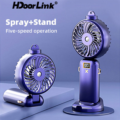 Hdoorlink Quạt phun sương cầm tay cầm tay Màn hình kỹ thuật số Máy hấp mặt Mini có thể gập lại Quạt làm mát phun ngoài trời Giá đỡ điện thoại có thể sạc lại 5 tốc độ cho văn phòng tại nhà, cắm trại, du lịch