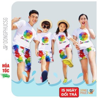 Đồ đi biển gia đình set gồm áo và quần hoạ tiết nổi bật chất thun dày dặn làm đồ đồng phục DDB150