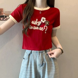Phong Cách Mỹ Trang Trọng Vai Cổ Tròn Áo Thun Nữ Phong Cách Mới Tay Ngắn Tương Phản Màu Sắc Khâu Thiết Kế Slim-fit Slimm