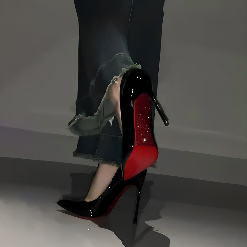 Giày cao gót đế đỏ dành cho nữ Stiletto Mặt đen rỗng với kim cương giả Người nổi tiếng sang trọng Ngón chân nhọn khỏa thân