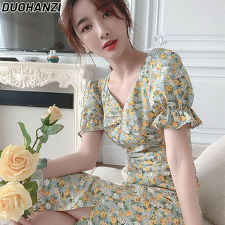 Duohanzi Váy hoa gãy tay bong bóng mùa hè mới của Pháp Platycodon grandiflorum váy ngắn tay