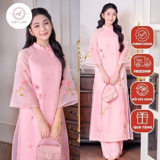 Áo dài cách tân nữ màu hồng tay lỡ chất liệu organza đính kết hoa cao cấp - Shop Áo Dài Mộc Lâm - AD100