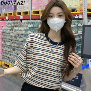 Áo thun nữ DUOHANZI Mùa hè phong cách Hàn Quốc tương phản dáng rộng cổ tròn giảm tuổi sọc giản dị áo ngắn tay