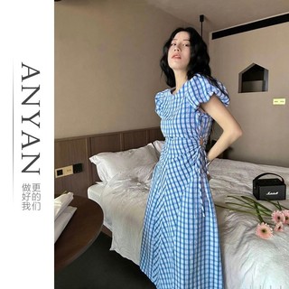 Anyan Thiết Kế Ban Đầu Cảm Giác Hẹp-Waist Ren Rỗng Kẻ Sọc Tính Khí Tay Phồng Tay Ngắn