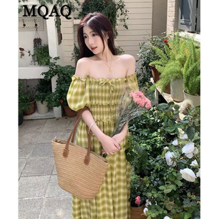 Mqaq Plus Size Pháp Vintage Check Dress Nữ Mùa Hè Béo MM Thiết Kế Cảm Giác Đôi Mặc Một Vai Đi Biển Resort Váy Dài