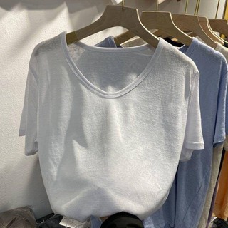 Size Lớn Vải Lanh Cotton Cổ Chữ V Màu Trơn Ngắn Tay Áo Thun Nữ Mùa Hè Phong Cách Mới Rời Top