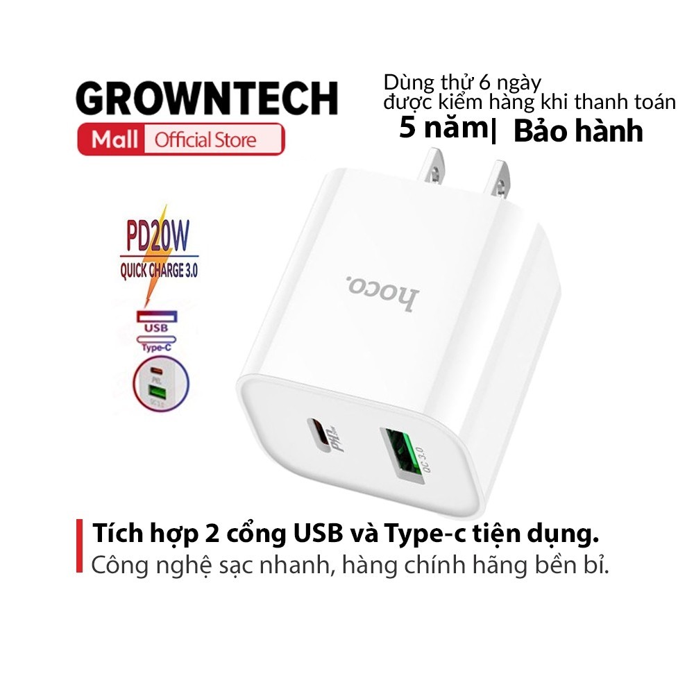 Củ sạc Hoco chính hãng C80 PD 20W sạc nhanh 2 cổng USB + TypeC tối đa 3A Q.C 3.0 tương thích nhiều thiết bị dòng 2024