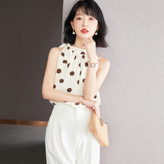 Bắn thật#挂脖背心女夏季法式气质波点小衫复古雪纺衫露肩无袖上衣 Wg2i