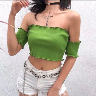 Áo croptop trễ vai ôm body tay ngắn phối bèo thun tăm nhỏ
