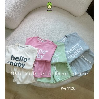 Đồ Bộ Cộc Tay Cho Bé Trai, Bé Gái KIMCHIBABY Vải Cotton Tổ Ong In Hello Baby, Bộ Quần Áo Tay Hến Hàn Quốc Cho Bé CK449
