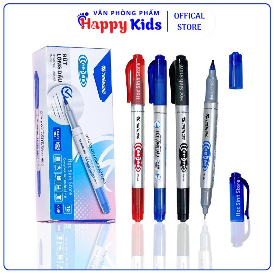 Hộp 10 Cây Bút Lông Dầu 2 Đầu Thiên Long PM04 , Đầu Bút 1mm Và 0.4mm, Mực Đều, Liên Tục (Xanh/Đỏ/Đen