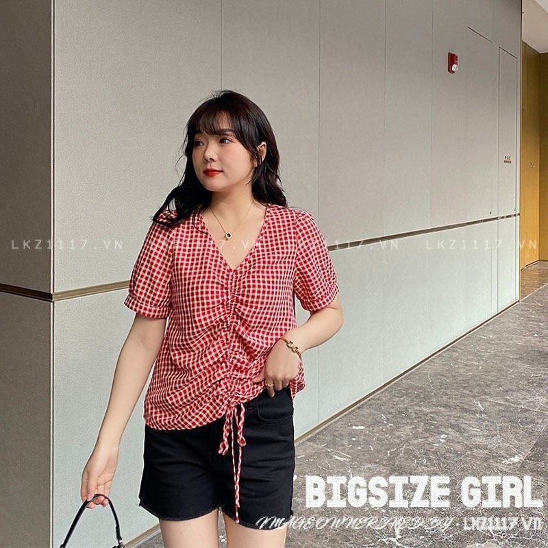 Áo sơ mi kẻ sọc caro Bigsize Áo kiểu nữ form rộng tay ngắn cổ chữ v thiết kế dây rút mùa hè Phong cách Hàn Quốc Thời Trang sang chảnh cá tính xinh đẹp quảng châu cao cấp
