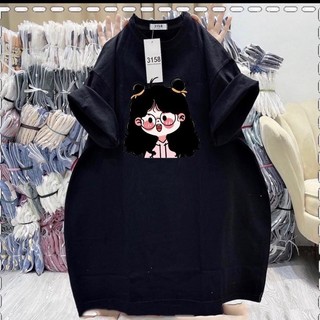Áo phông 3158 cotton khô- cô gái 2 búi tóc inpet, Cổ tròn, form rộng từ 40-75kg Menswear Top Áo Thun Đen Voi