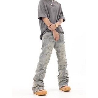 Quần Jean Nam Thu Đông Mỹ High Street Tua Rua Phai Edge Hủy Diệt vibe Thẳng Mỏng Hơn Nhìn Hơi loe Trous