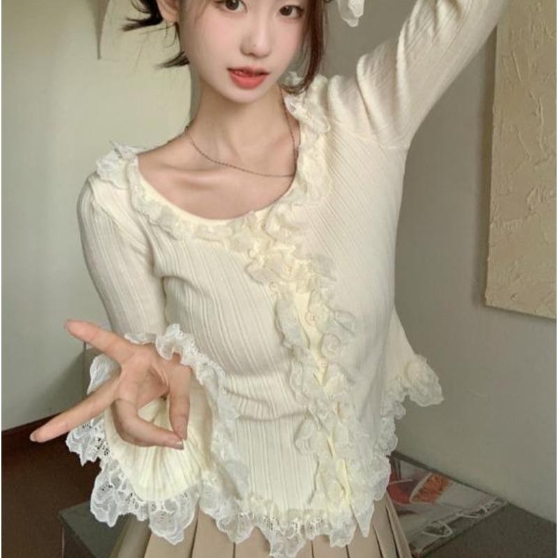 T Sang Trọng Pure Desire Phong Cách Dệt Kim Nữ Phong Cách Ngắn Khâu Ren Top